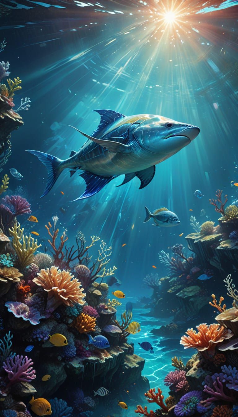 Glowing String Rays Swim in Vibrant Coral Reefs Under Warm S...