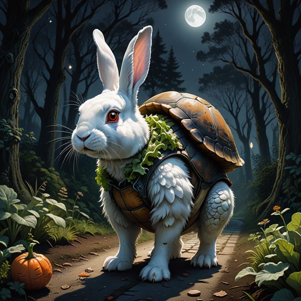 Whimsical Rabbit Carries Turtle on Forest Path