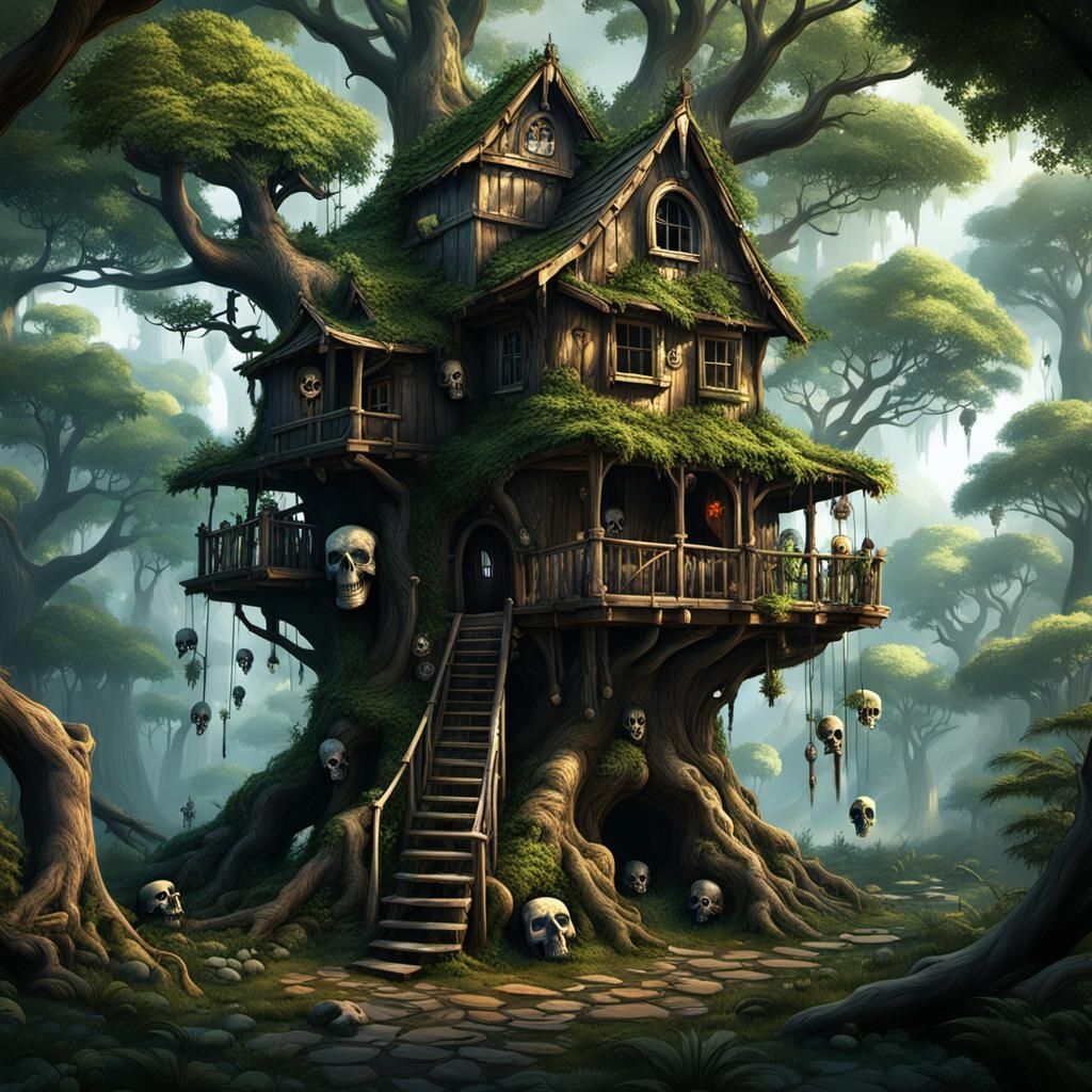 Skulls Adorn a Treehouse in Dark Forest