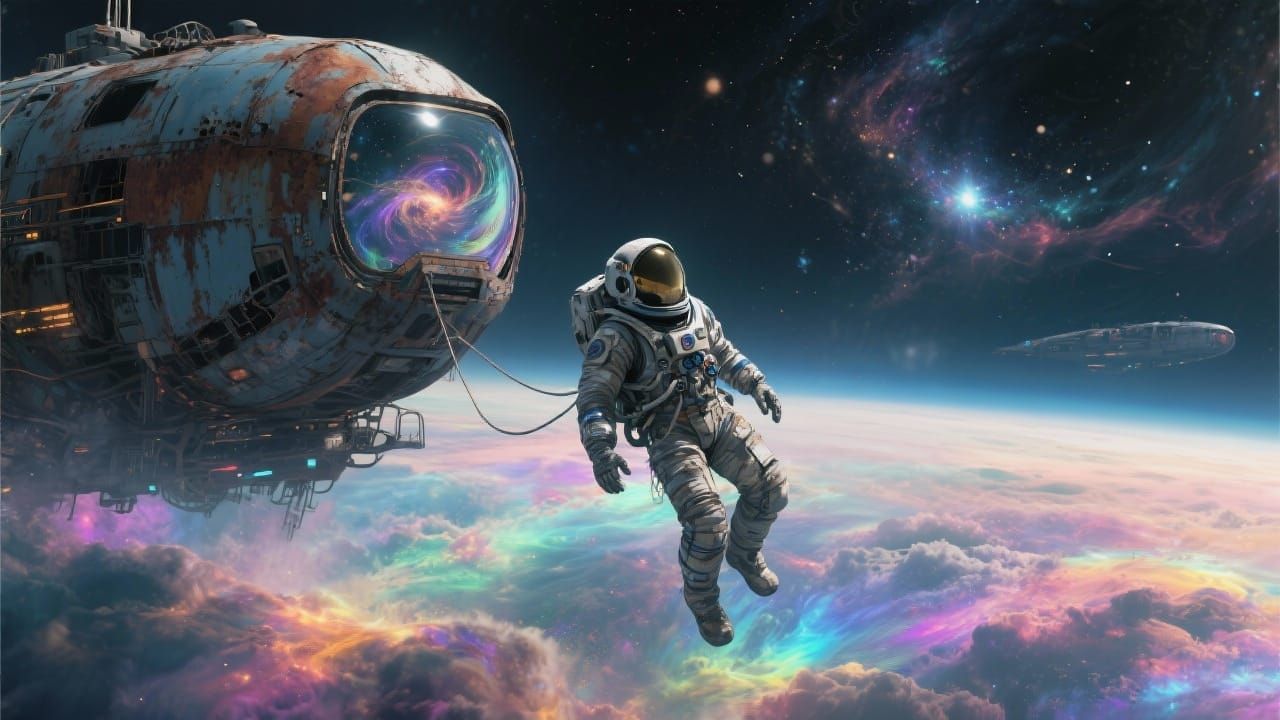 Astronaut Drifts in Nebula Near Derelict Spaceship