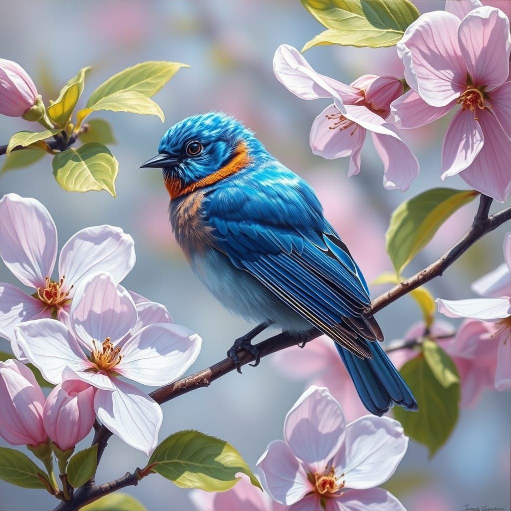 Bluebird Perched on Dogwood Branch as Oil Painting