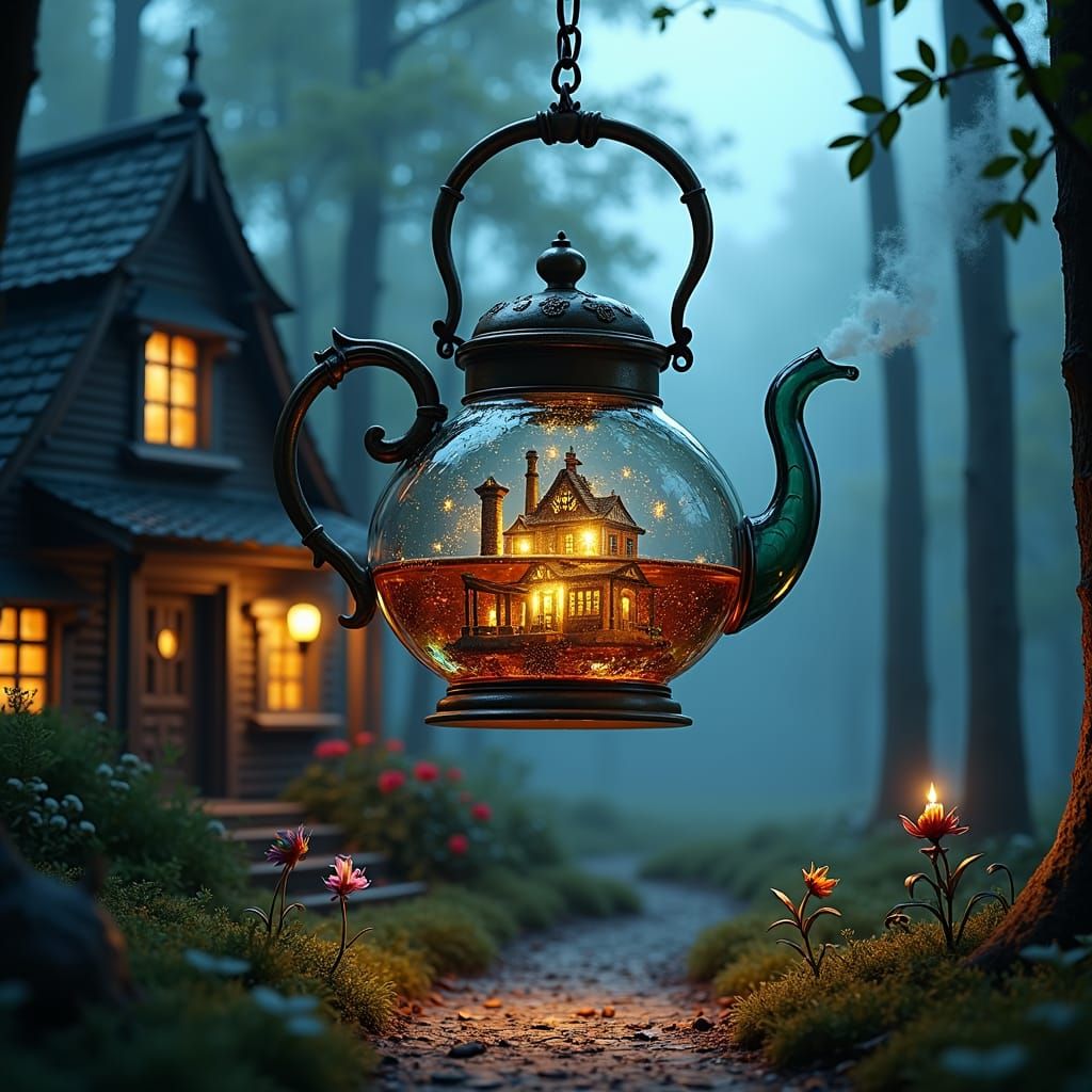 Enchanted Teapot House in Mystical Forest