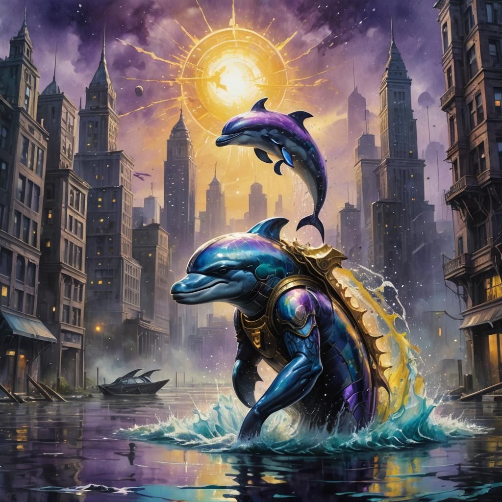 Dolphin Warrior in Submerged Cityscape: Dark Fantasy Art