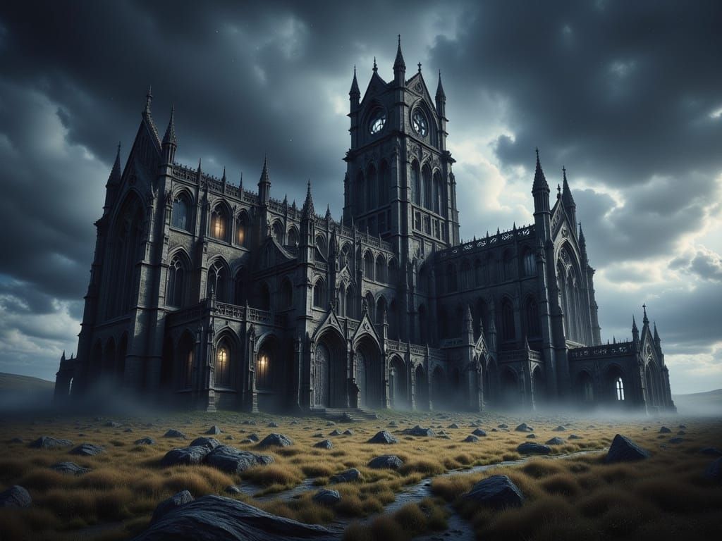Gothic Cathedral on Windswept Moor in Dark Fantasy Style