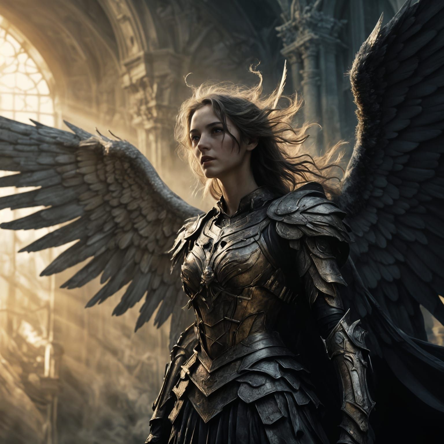Epic Angel soars amidst divine light, Gustave Doré inspired,...