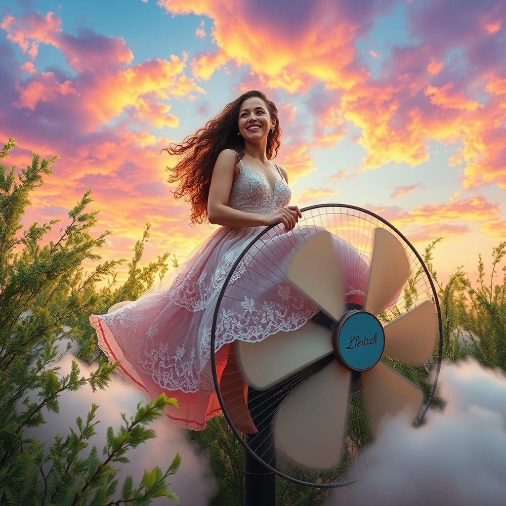 Lady Rides Fan in Dreamlike Landscape