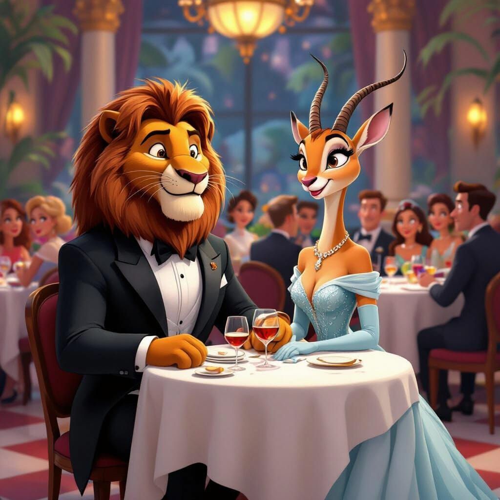 Lion Escorts Gazelle in Pixar Style