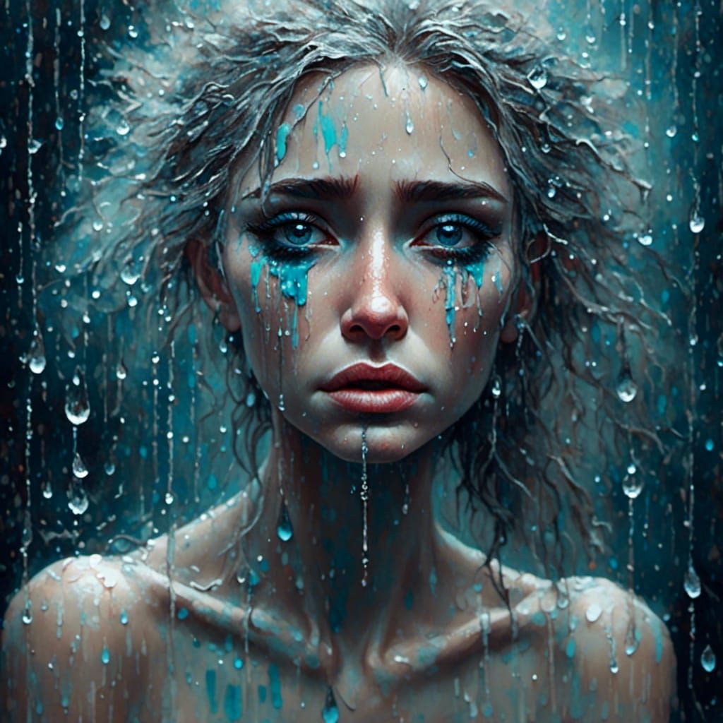 Sad Woman Crying in the Rain as Oil Painting