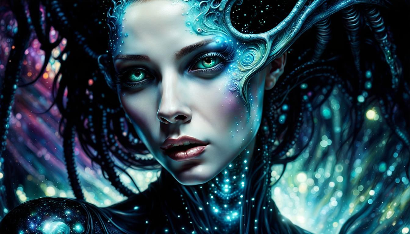 Creepy Xenomorph in Luminous Cave Pool