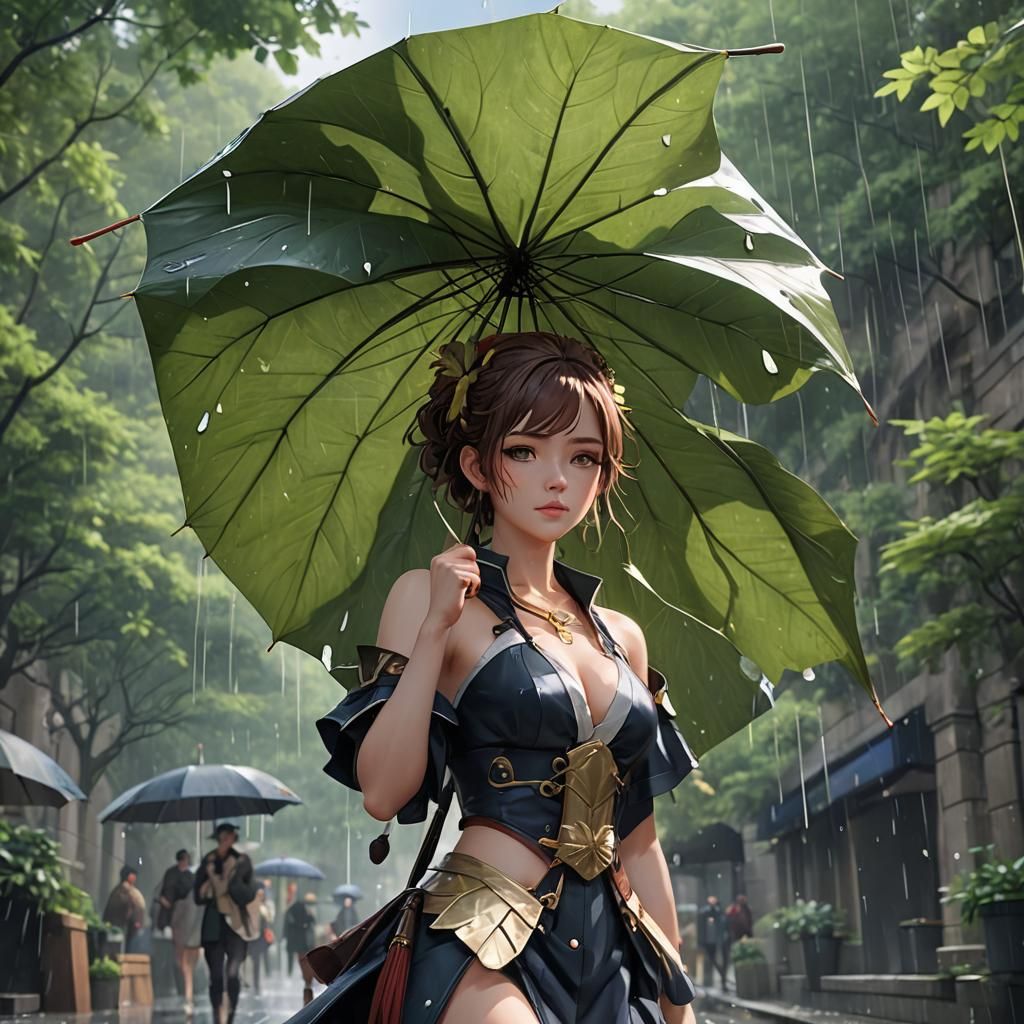Anime Scottish Girl with Leaf Umbrella in Rain