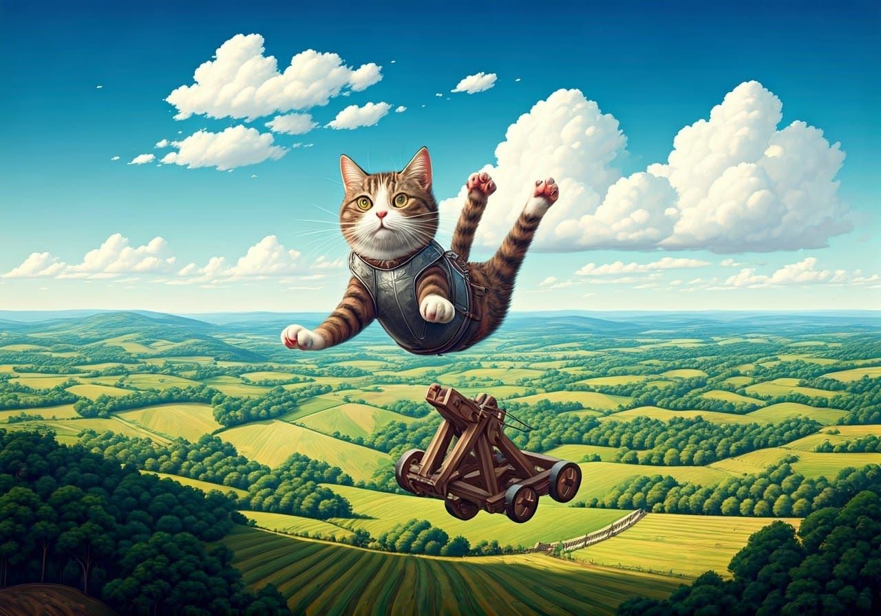 A cat being launched out of a catapult