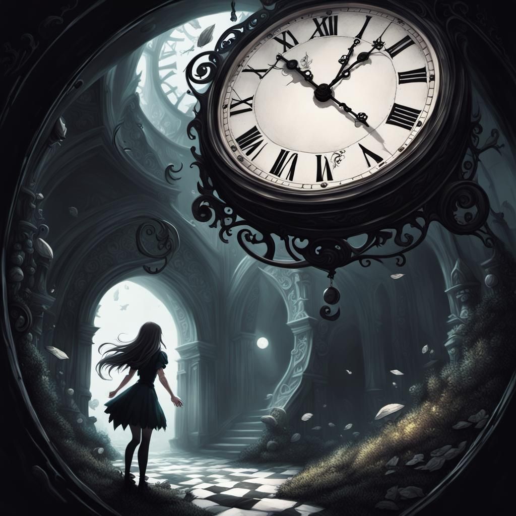 A girl falling into an otherworldly clockportal//hole that l...