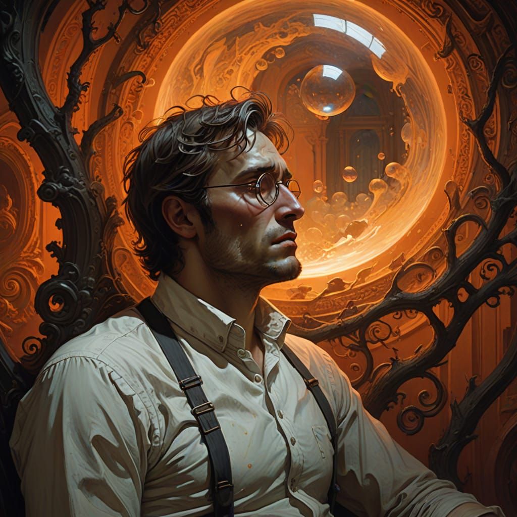 Man Lost in Thought Amidst Vibrant Wallpaper