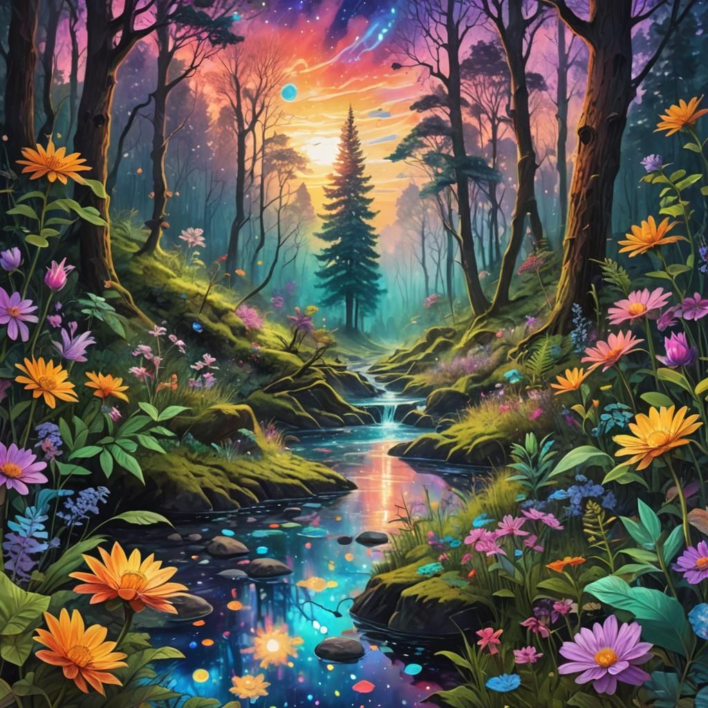 Holographic Forest River Sunset: Cosmic Illustration