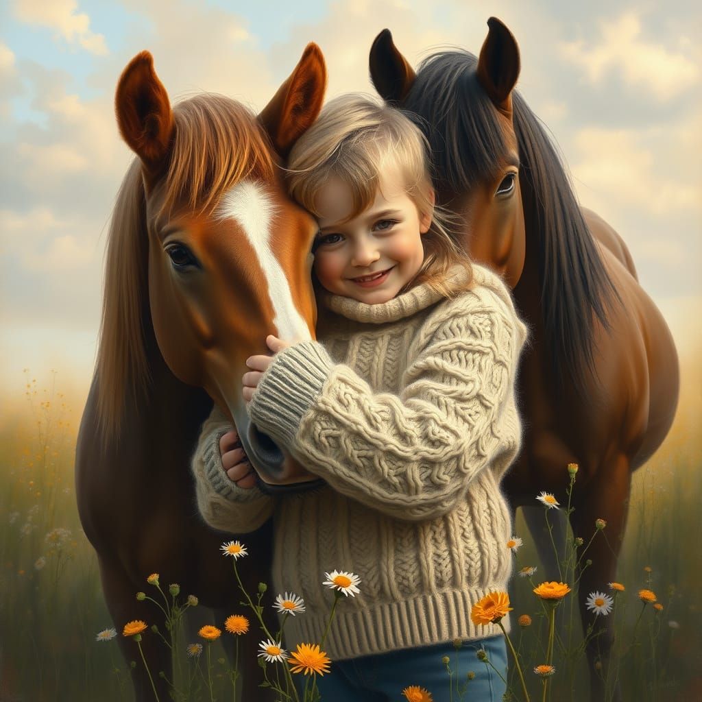 Child Surrounded by Gentle Ponies in a Misty Field