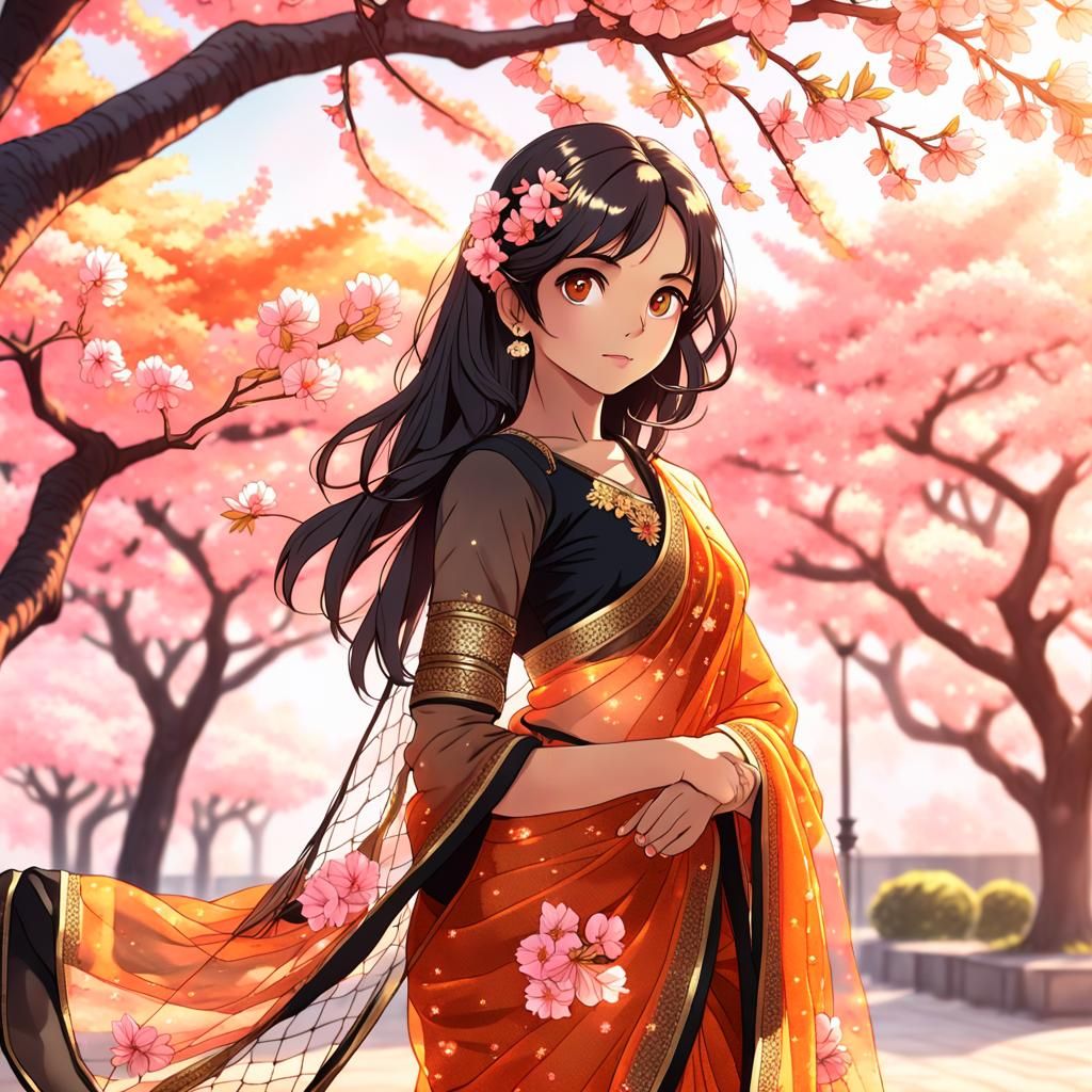 Anime Woman in Sabyasachi Saree Under Cherry Blossoms