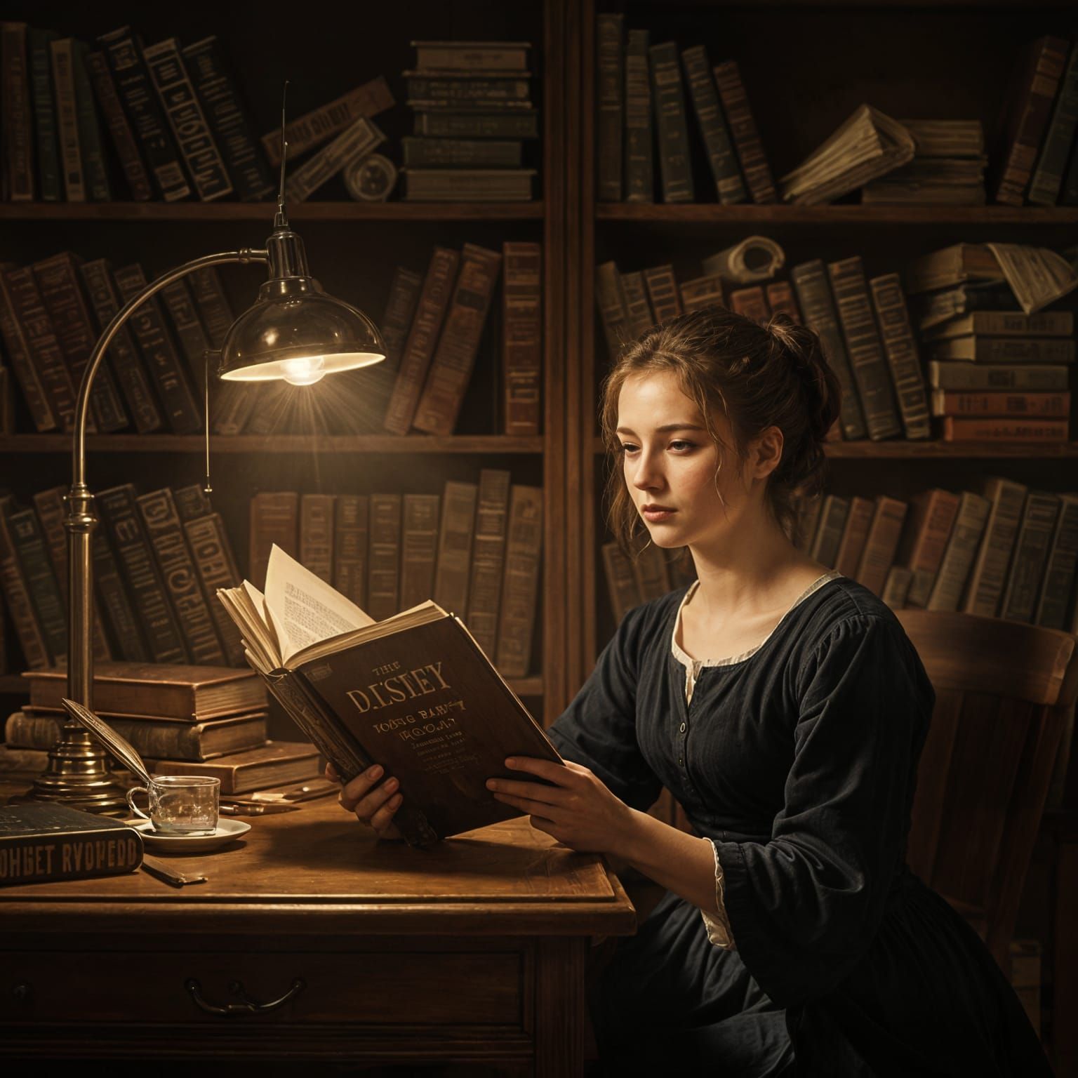 Woman Studying by Lamp Light in Dutch Master Style