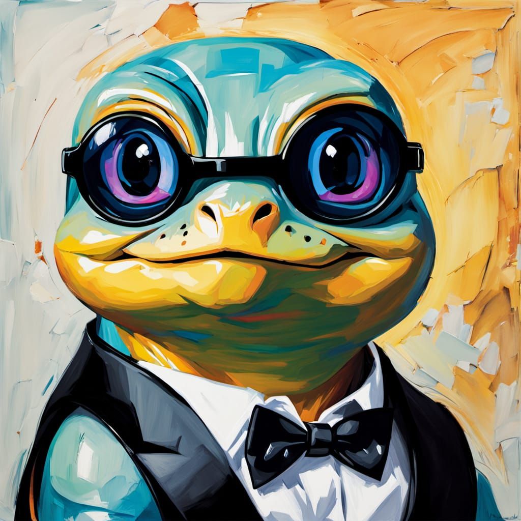 Bold Realism Oil Painting of Squirtle in Tuxedo