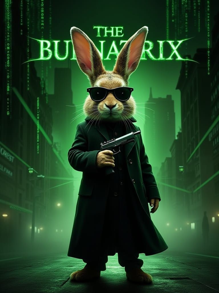 Cool Rabbit in Futuristic Black Coat Blasts Through Cyberpun...