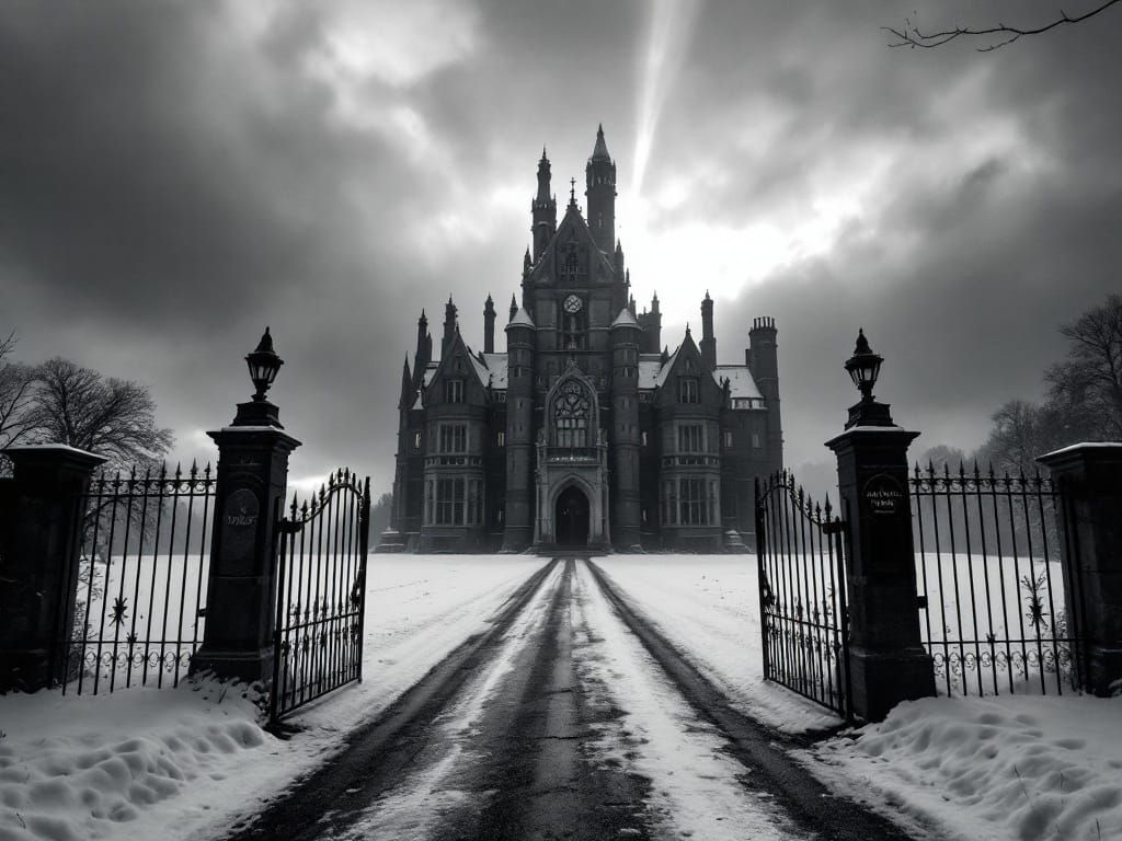Gothic XIX Century Fantasy Castle in Snowy Cumbria Landscape