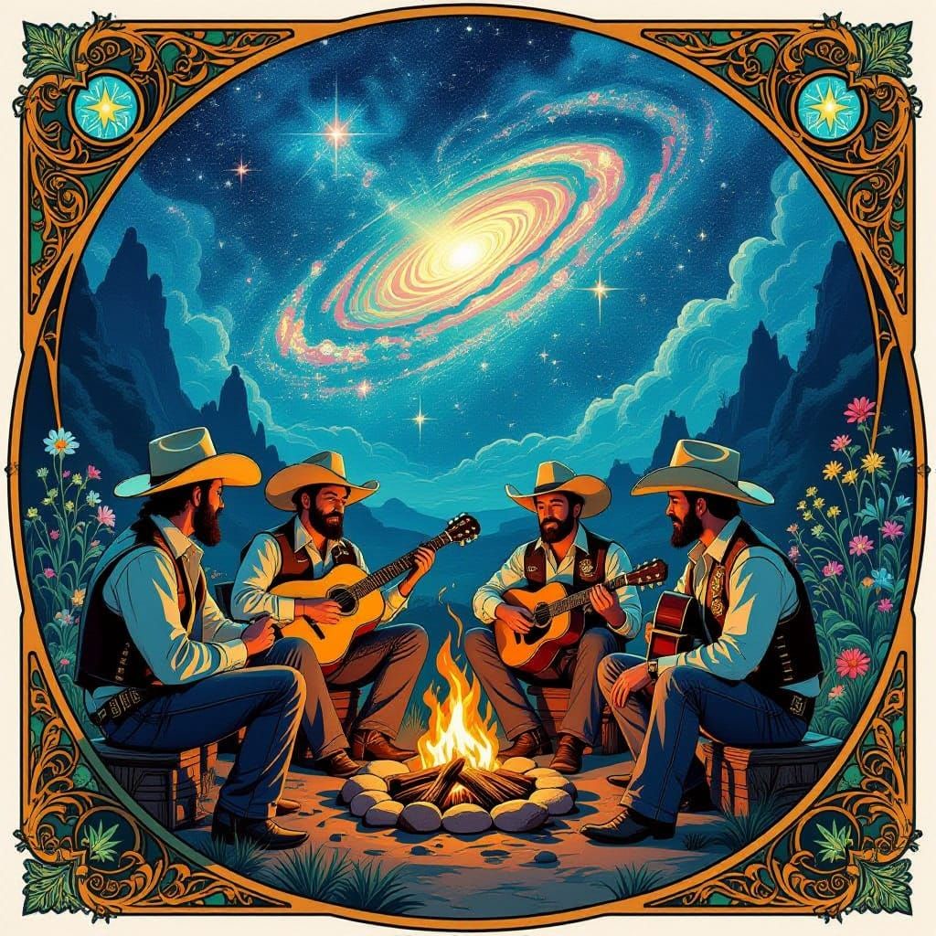 Whimsical Cowboys on Alien Planet in Art Nouveau Style