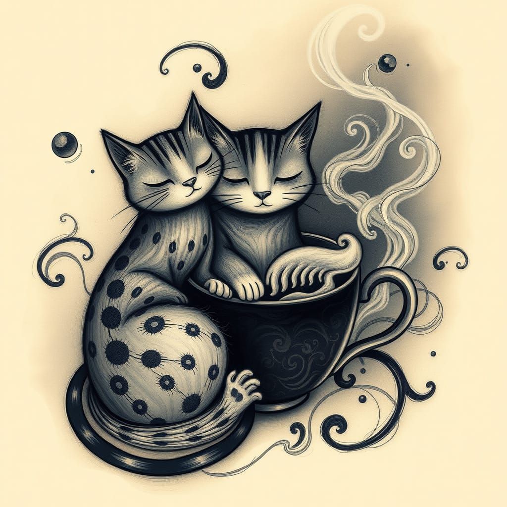 Fractal Felines Sip Infinite Coffee in Whimsical Charcoal Im...