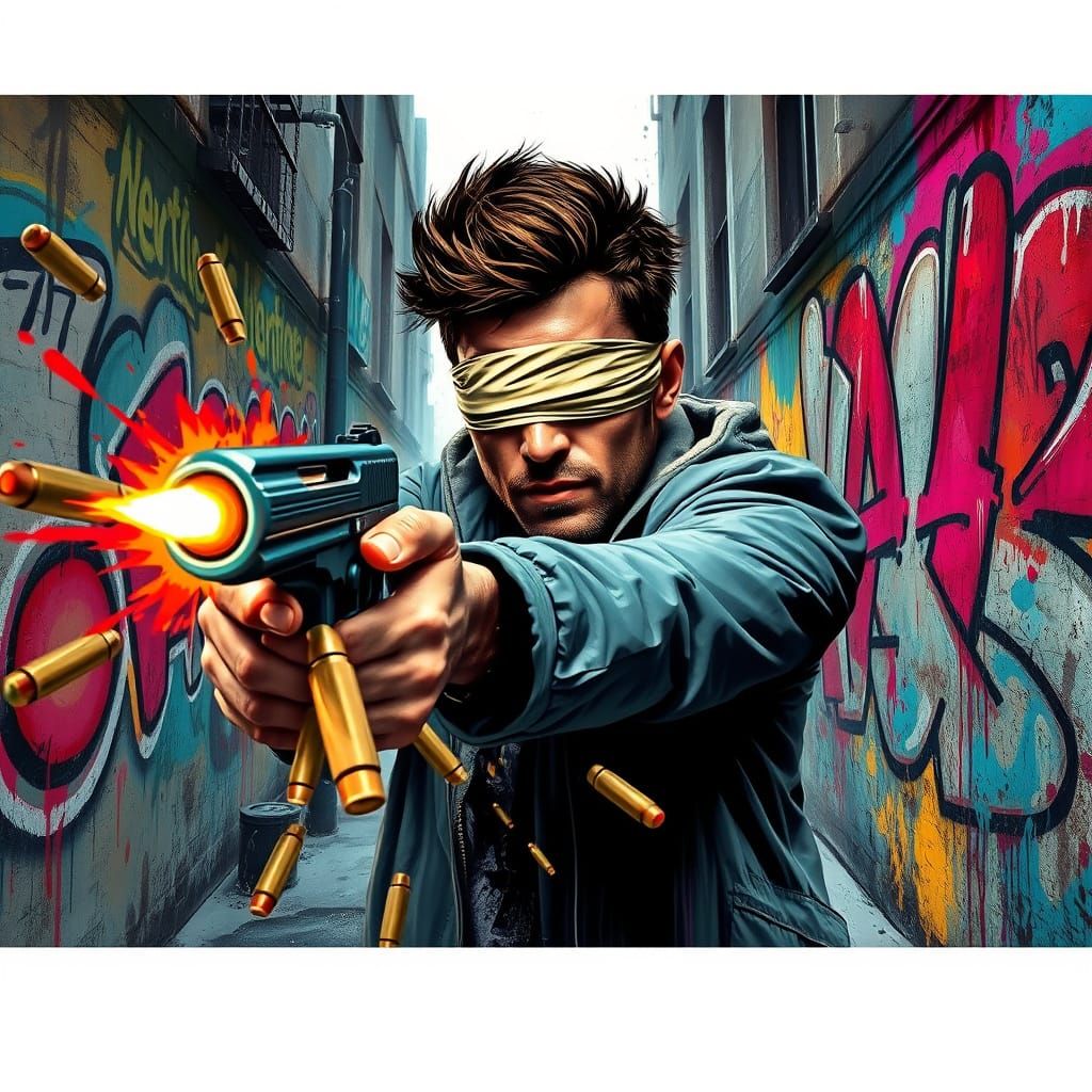 Blindfolded Man Fires Gun in Chaotic Urban Art Landscape