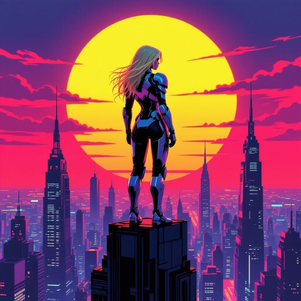 Cyberpunk Supermodel Silhouetted Against Pop-Art Sunset