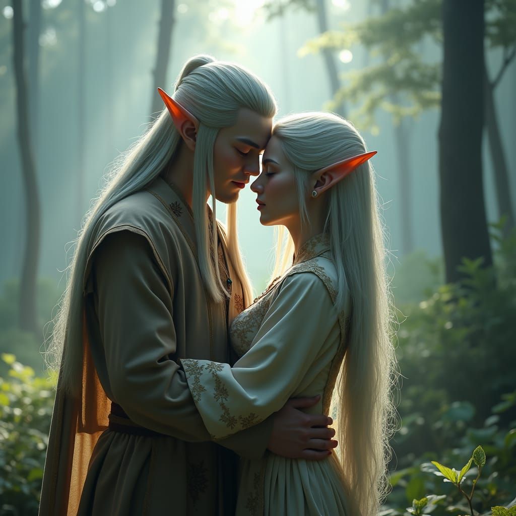 Elves Embrace in Misty Forest: Cinematic Still