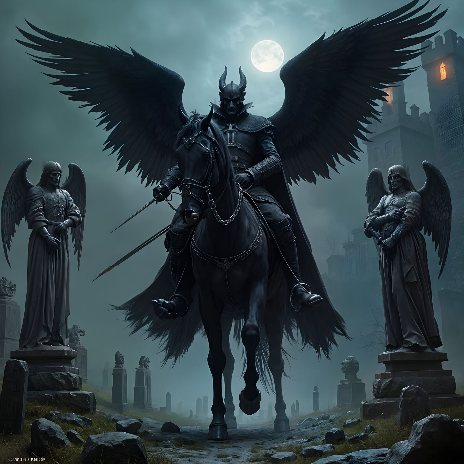 Gothic Hussar with Wings in Dark Cemetery