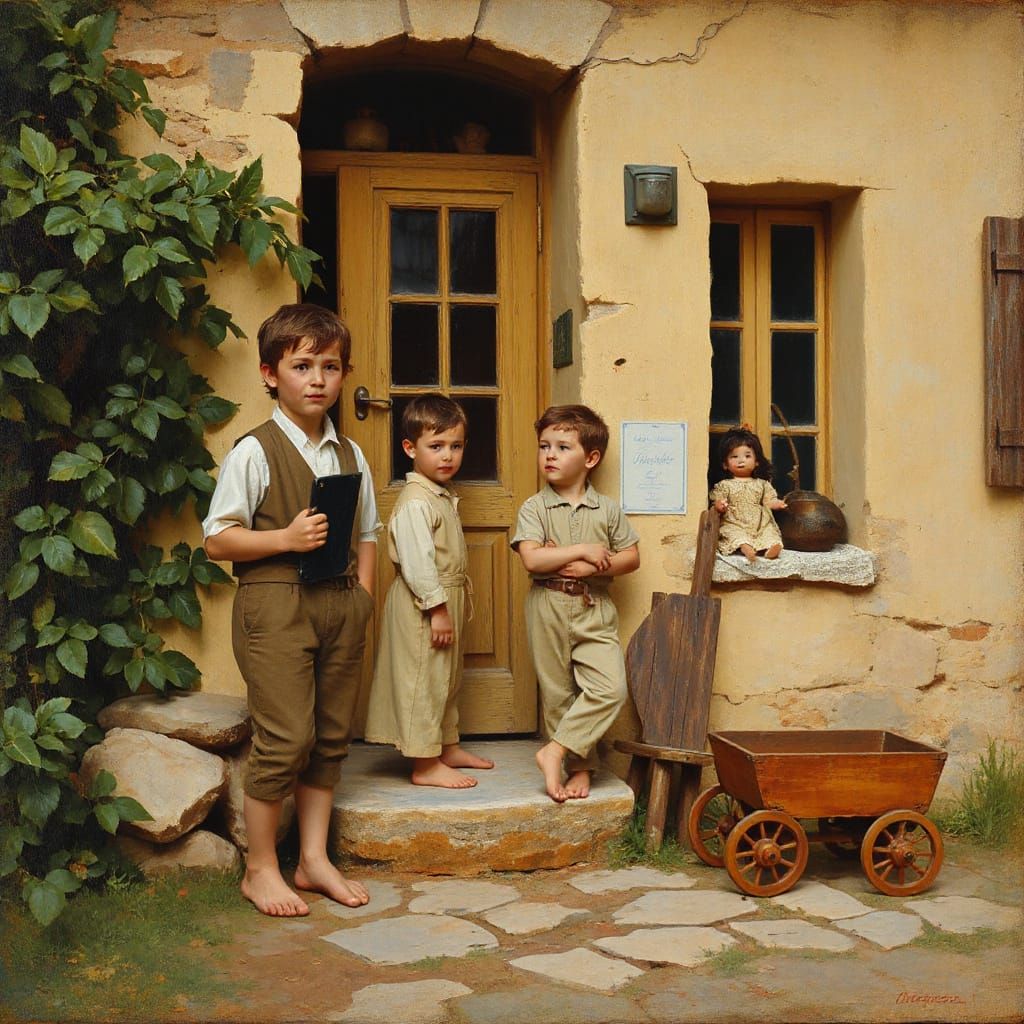 Children Playing by Cottage in Impressionistic Style