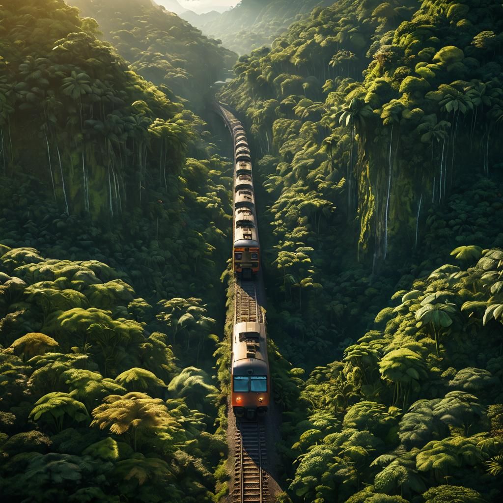Train Journey Through Jungle: Aerial Digital Painting