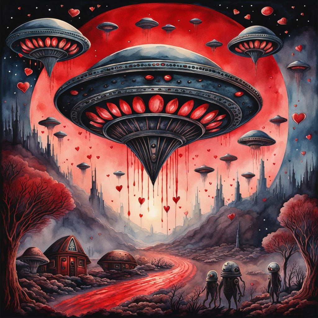 Ethereal UFO Invasion in a Haunting Watercolor Style