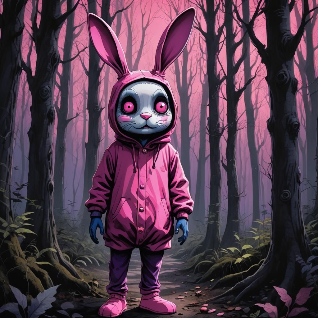 Creepy Cartoon Bunny in Dimly Lit Forest