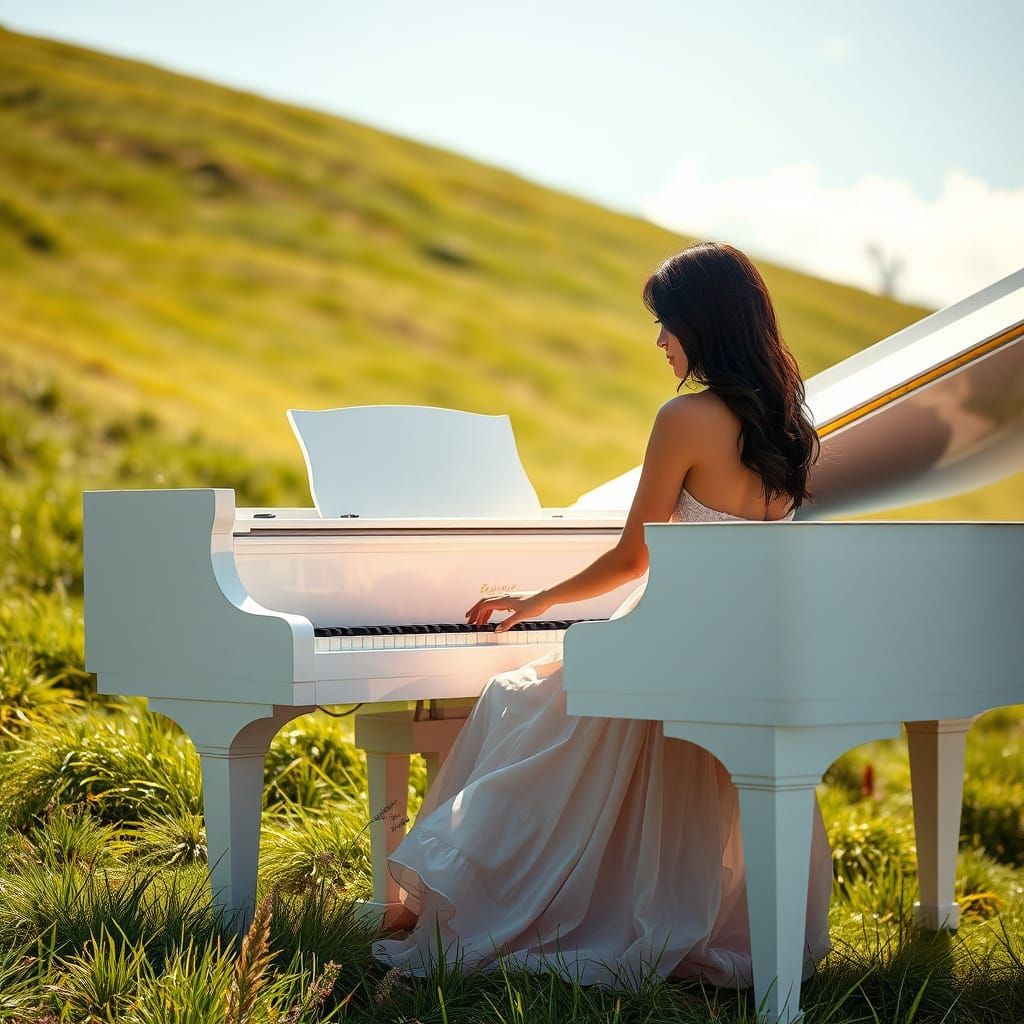 Young Woman Plays Grand Piano on Lush Summer Hill in Hyperre...