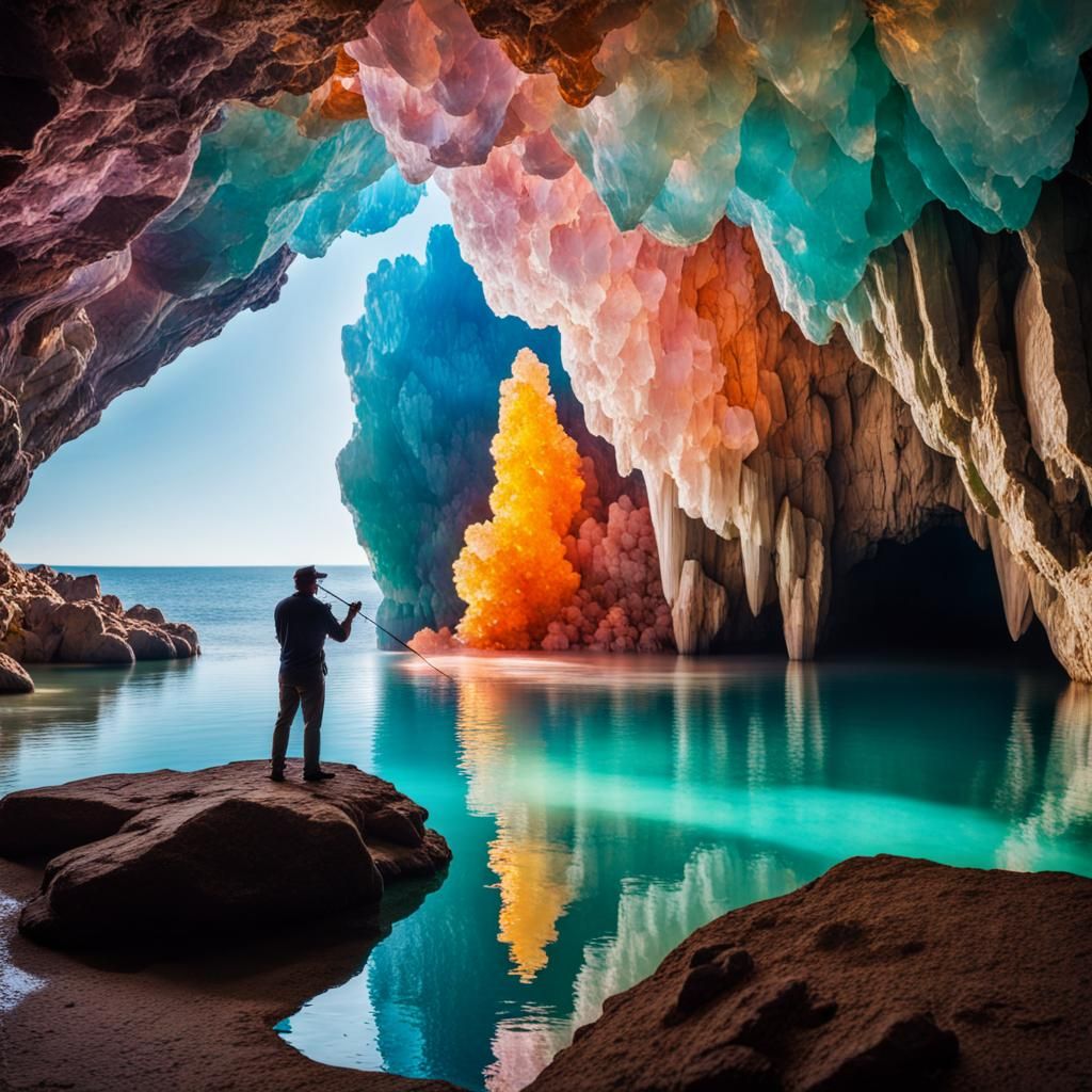 Colorful Crystal Cave with Fisherman