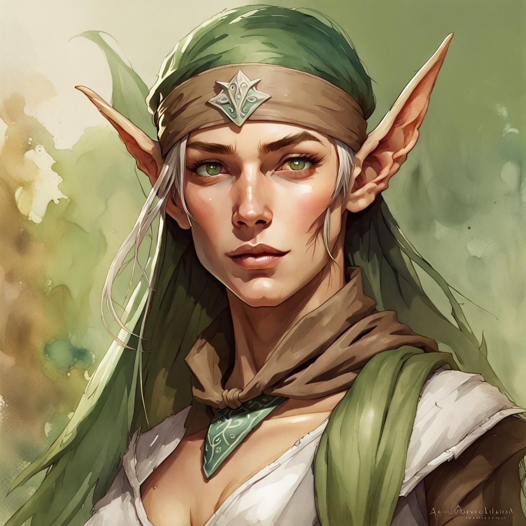 High Elf Rogue Gardening in Watercolor Style