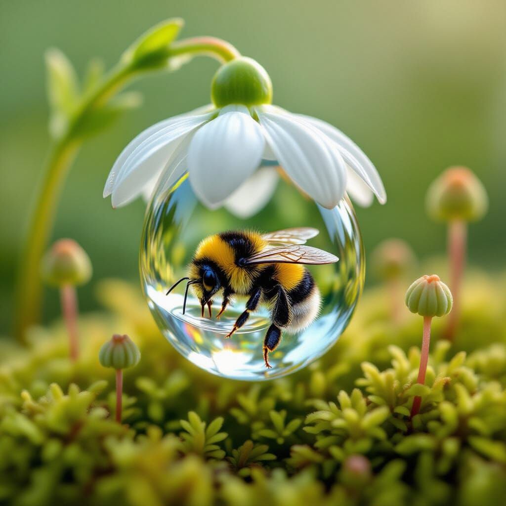 A sleepy bumblebee nestled inside a dewdrop suspended from a...