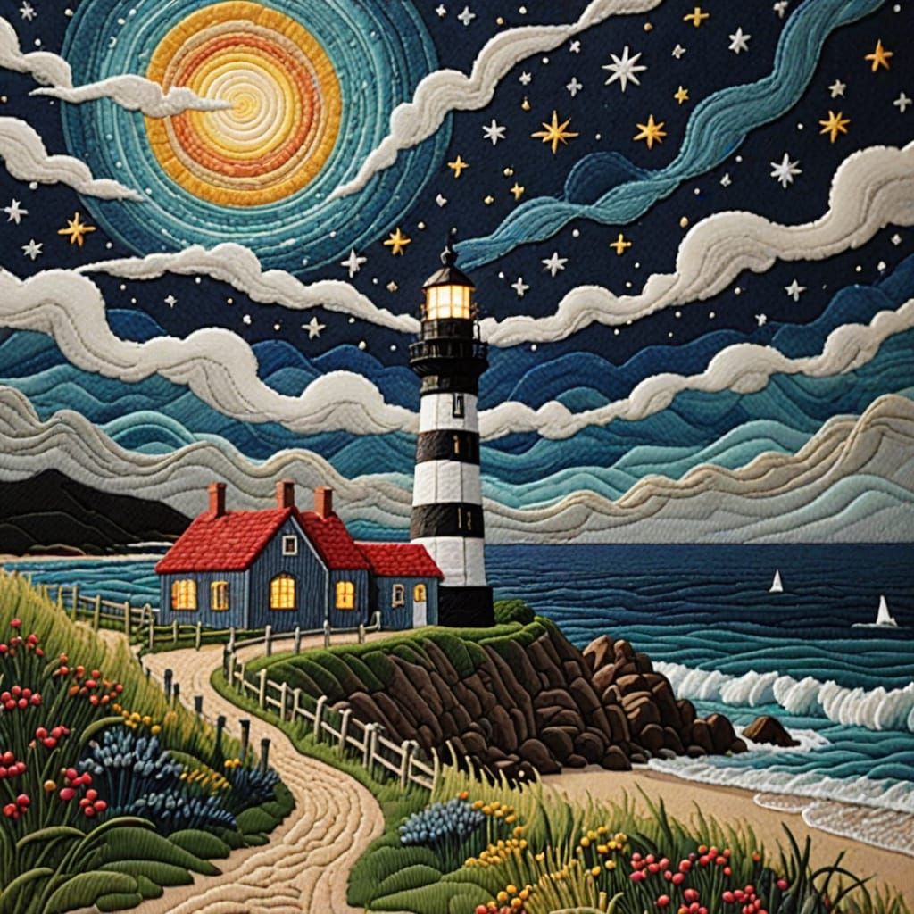 Lighthouse at Night in Embroidered Bargello Style