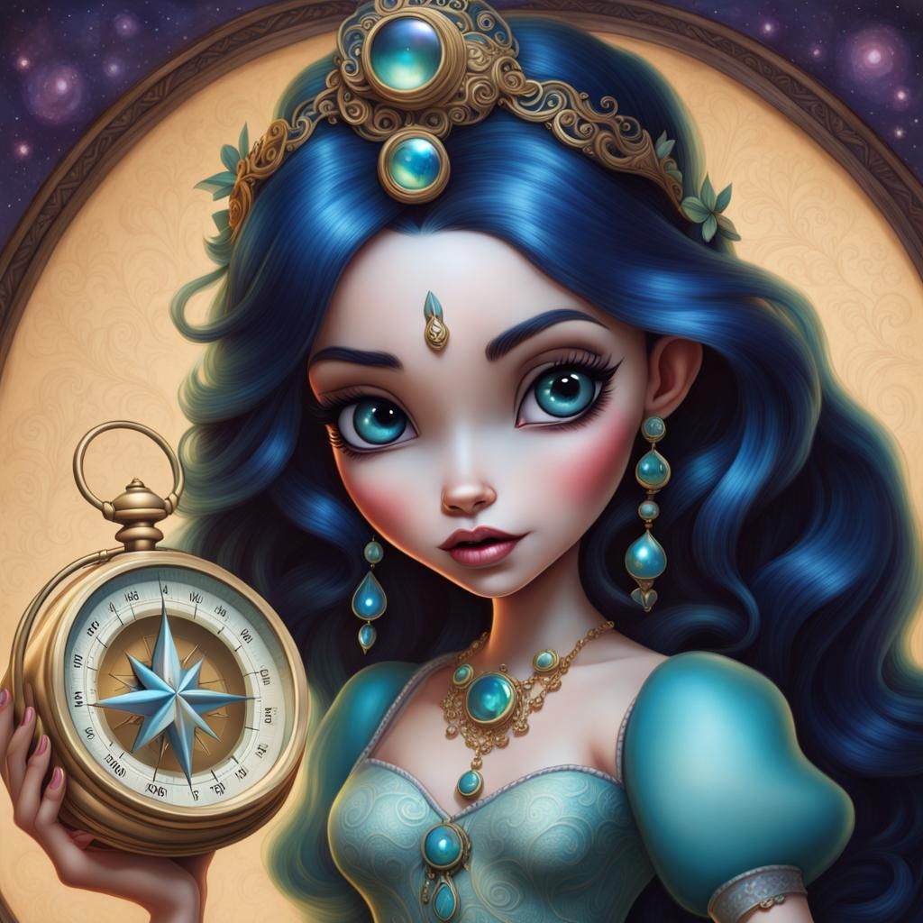 Disney Pixar style 3D beautiful woman, Part compass, iridescent, mythical, surreal, Jasmine Becket-Griffith