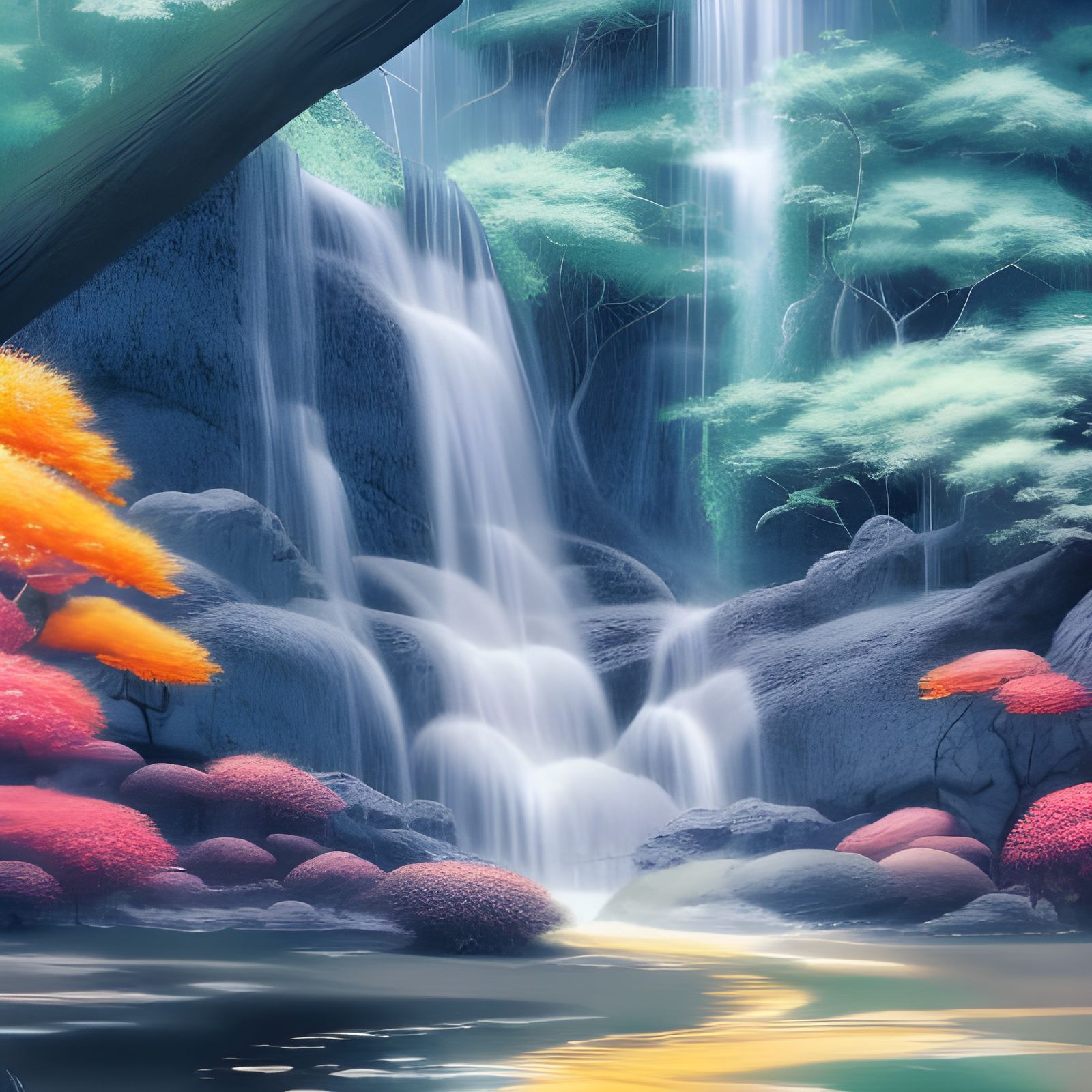 Colorful Waterfall Scene in Studio Ghibli Style