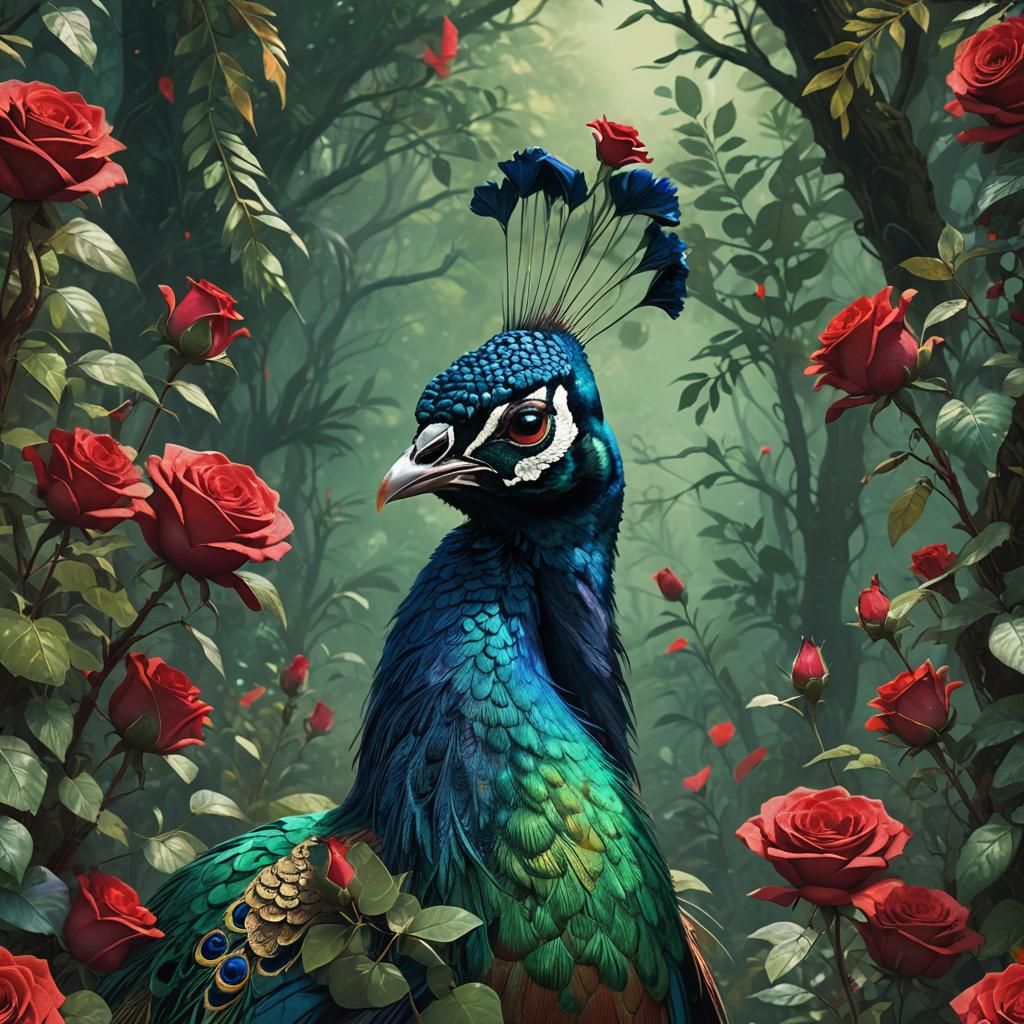 Colorful Peacock with Rose: Digital Matte Painting