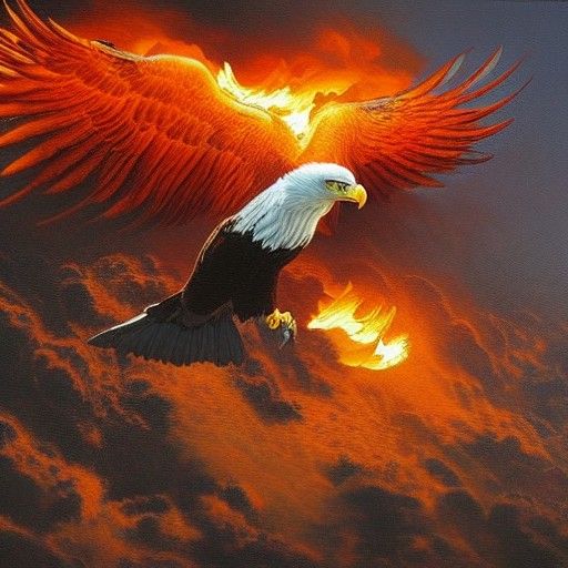 Flaming Eagle Soaring Over Ruins, Oil Painting