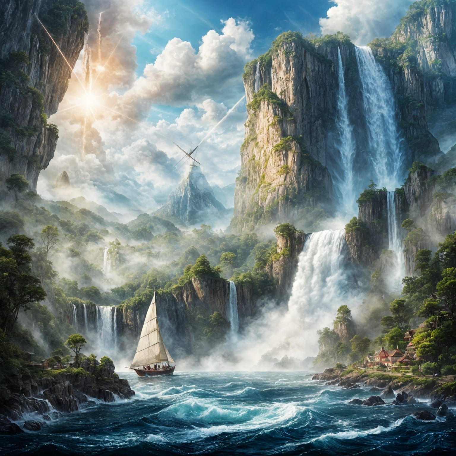 Fantasy Waterfall Scene With Sailing Boat