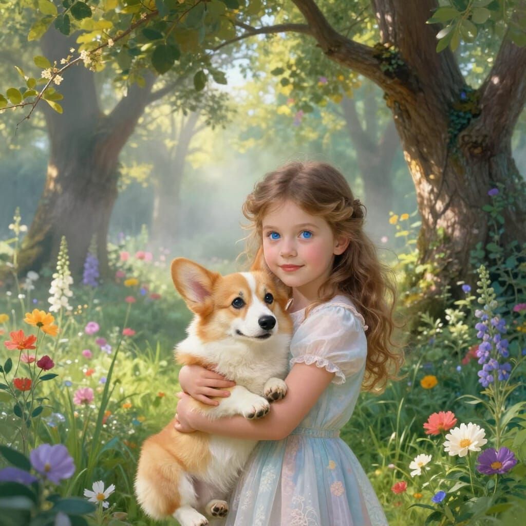 Girl Cradles Corgi in Luminous Garden