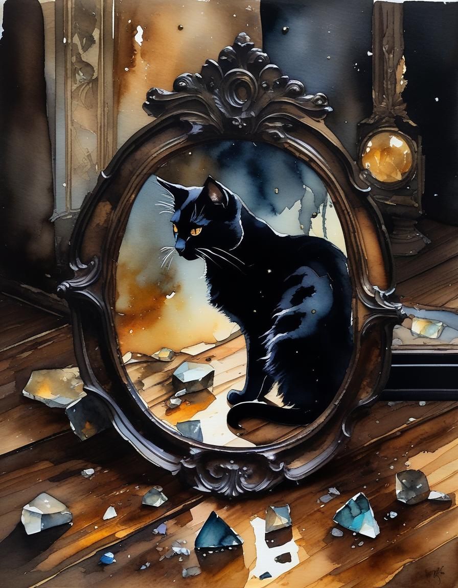 Black Cat in Broken Mirror: Watercolor and Ink Art