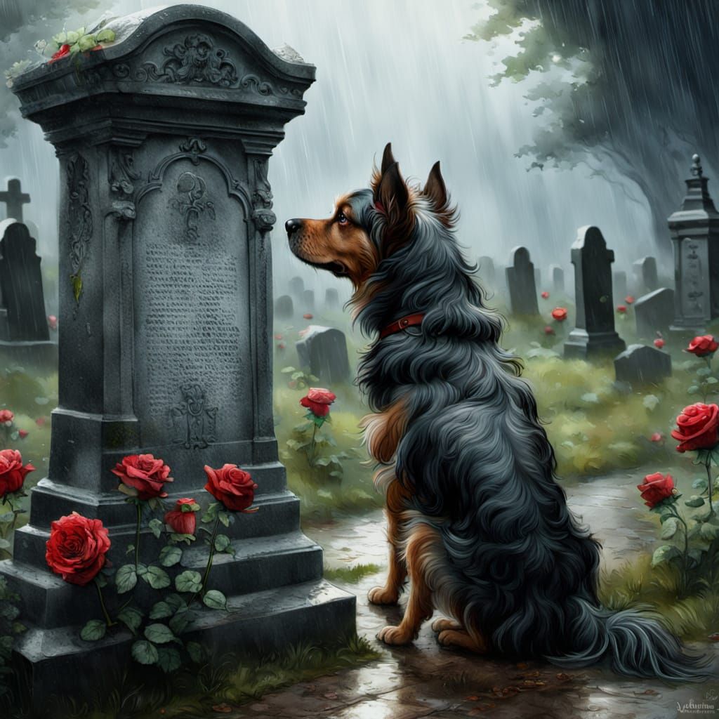 Dog with Roses at Gravestone in Rain
