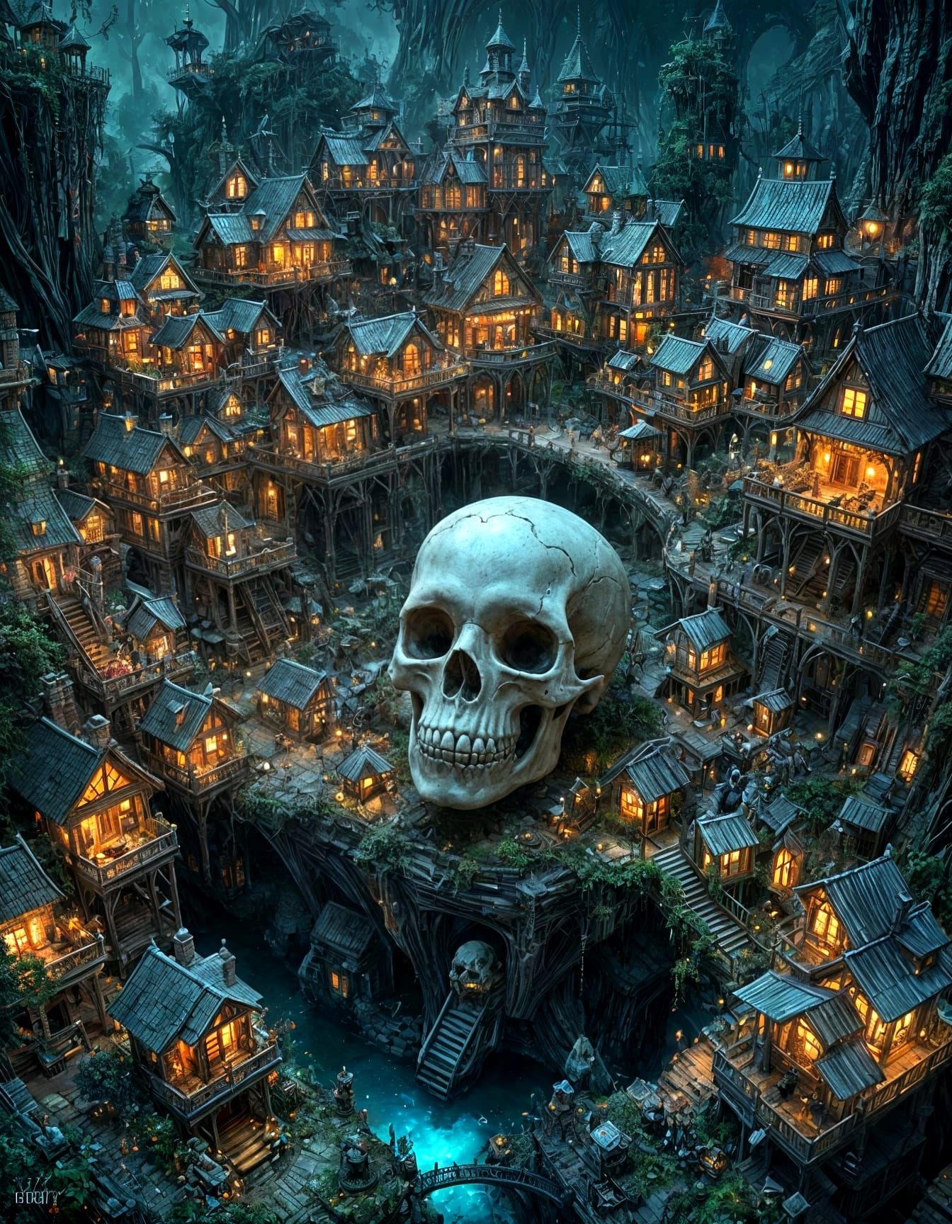 Glowing Skull Faerie Village: Fantasycore Art