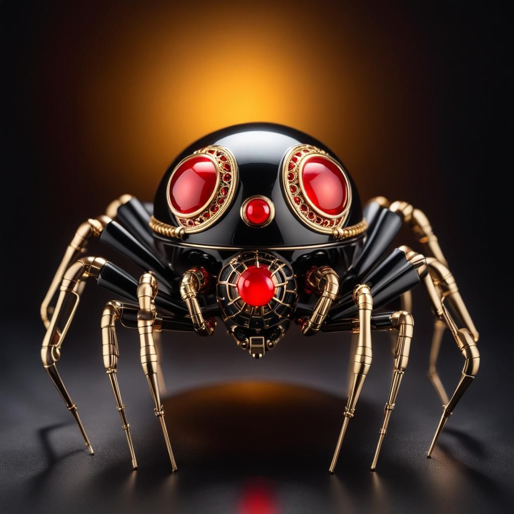 Golden Cyborg Faberge Black Widow with Red Eyes
