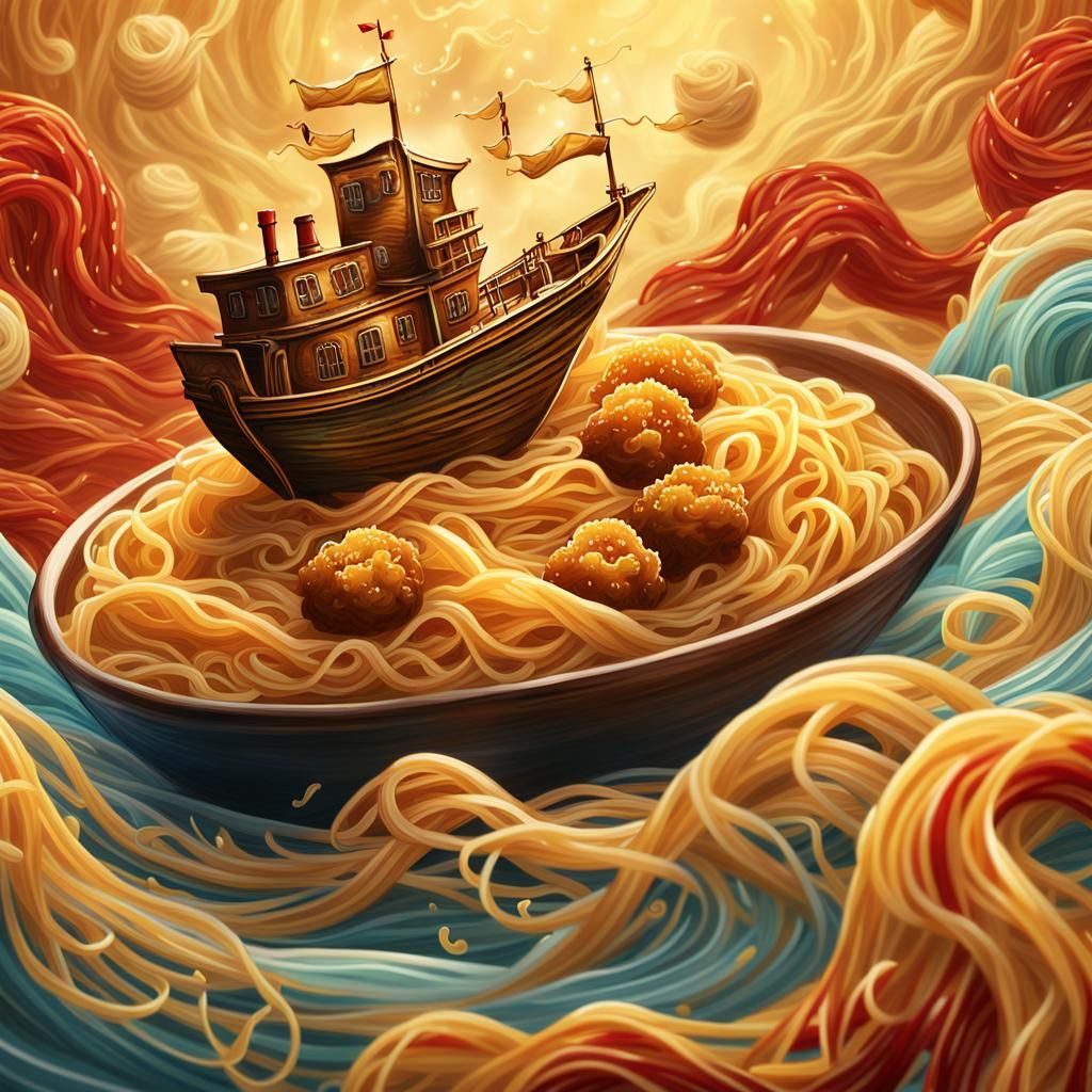 Ship Sails Noodle Sea in Surrealist Style